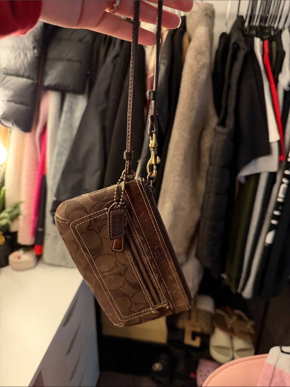 Vintage Coach Brown Signature Canvas Wristlet with Leather Trim